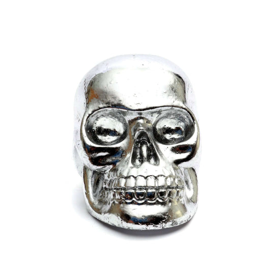 Cabeza de calavera de resina plateada, talla L