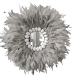 ESPEJO DE PLUMAS grises y conchas blancas