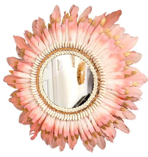 ESPEJO DE PLUMAS rosas y blancas con detalles en dorado